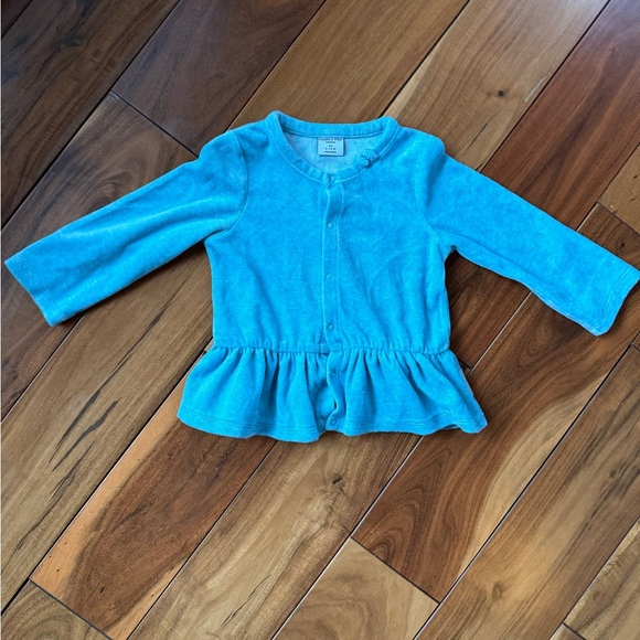 EUC. Polarn O Pyret. Ruffle Cardigan. Velvet. Light Blue. 9-12 Months. - Picture 1 of 4